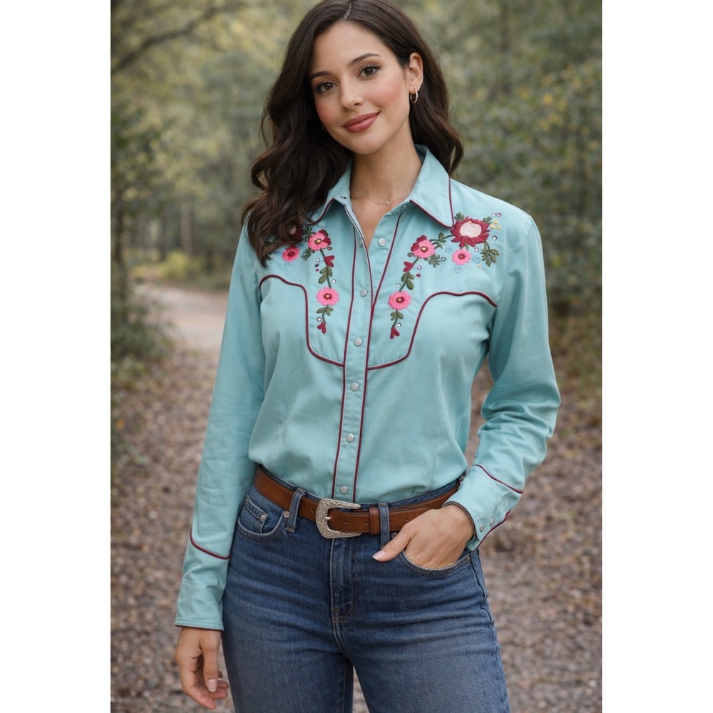 Scully Womens Western Floral Embroidered Pearl Snap Shirt Turquoise Blue Pink